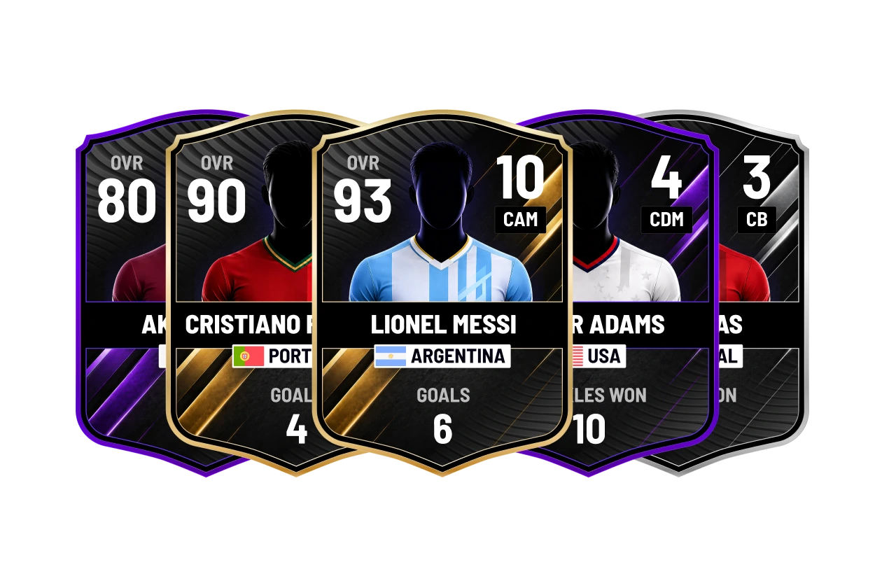 AutoVariant demo — 5 World Cup player cards generated from CSV data